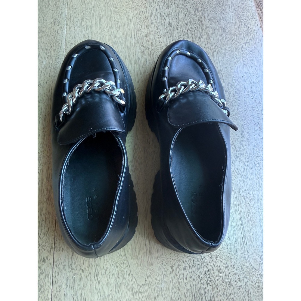 ASOS DESIGN Womens Black Chunky Platform Loafers Silver Chain Goth Scene US8 - Picture 2 of 9